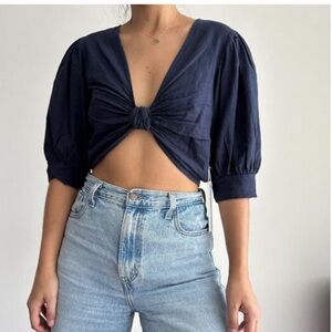 YFB Young Fabulous Broke Navy Cropped Knot Front Miranda Top Puff Sleeve XS